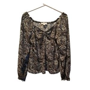 Michael Kors Paisley Geometric Blouse  Rouched Puffed Sleeve Top Sz L Pe…